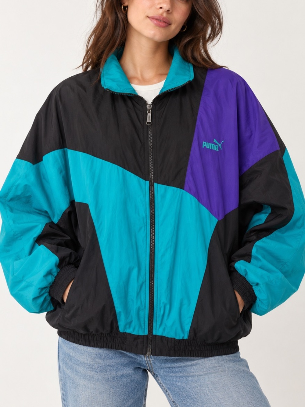 Vintage Puma Colorblock Windbreaker XL 90s Teal Purple Black
